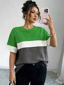 Casual Loose-Fitting T-Shirt With Color Blocks For Summer - Army Green - View 2