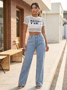 Women's Pearl Beaded High Waist Wide Leg Jeans Light Blue Washed Denim Pants Streetwear--Perfect For Daily / Holiday / Date / Vacation / Party / Beach / Getaway / Everyday / Night Out/Mothers Day Outfit - 輕洗 - 查看 4