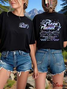 Toy Story - Women's Double-Sided Printed T-Shirt, Loose Round Neck, Rainbow Gradient "Pizza Planet" Letter Print, Casual And Cute, Machine Washable Fabric, Slightly Stretchy, Disney - 黑色 - 查看 6