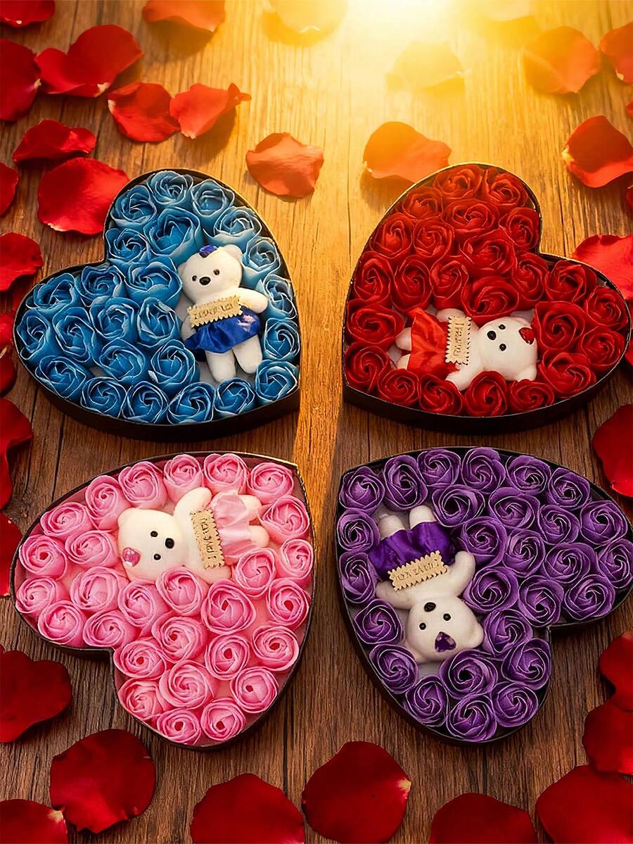 Rose And Teddy Bear Gift Box, Contains 24 Handmade Realistic Roses And 1 Teddy Bear, Suitable For Home Decor, Room Decor And Special Occasions, Ideal Gift For Lovers, Friends And Family On Valentine's Day, Mother's Day, Anniversary, Wedding And Other Special Occasions