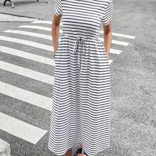 Women Striped Round Neck Short Sleeve Drawstring Waist Pocket Casual Mid-Length Dress,Summer Dresses For Women Vacation Holiday Resort - Multicolor - Ver 6