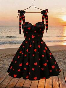 Vestido corto de línea A con estampado de corazones romántico para el Día de San Valentín - Rojo - Ver 9