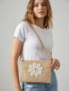 New Women's Crossbody Bag, Straw Woven Floral Decor Beach Bag, Bohemian Style Shoulder Bag, Fashion Sling Bag, Essential For Beach Vacation, Suitable For Daily Outings And Holiday Travel - Multicolor - View 6