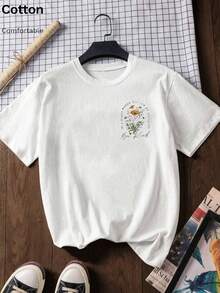 Vintage Oversized Damen Biene Blume Print T-Shirt, 100% Baumwolle Rundhals Locker Top - 白色 - 查看 2