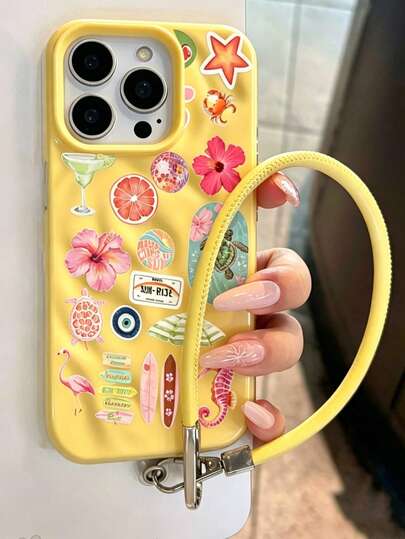 Funda de teléfono suave con textura plegada y cordón, compatible con iPhone 17 Pro Max, 16, 15, 14, 13, 12 Pro Max, 14, 15, 16 Plus, 11, con estampado de flores oceánicas de verano, caballito de mar y tortuga