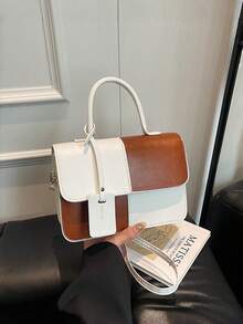 Square Dual-Color Handbag Accessory, Fashionable Patchwork Texture Handbag, Commuting Stylish Shoulder Crossbody Bag, Small Square Bag, Women's Bag With Patchwork Texture Personalized Contrast Color Flap Small Square Ladies Bag Retro - Multicolor - View 13