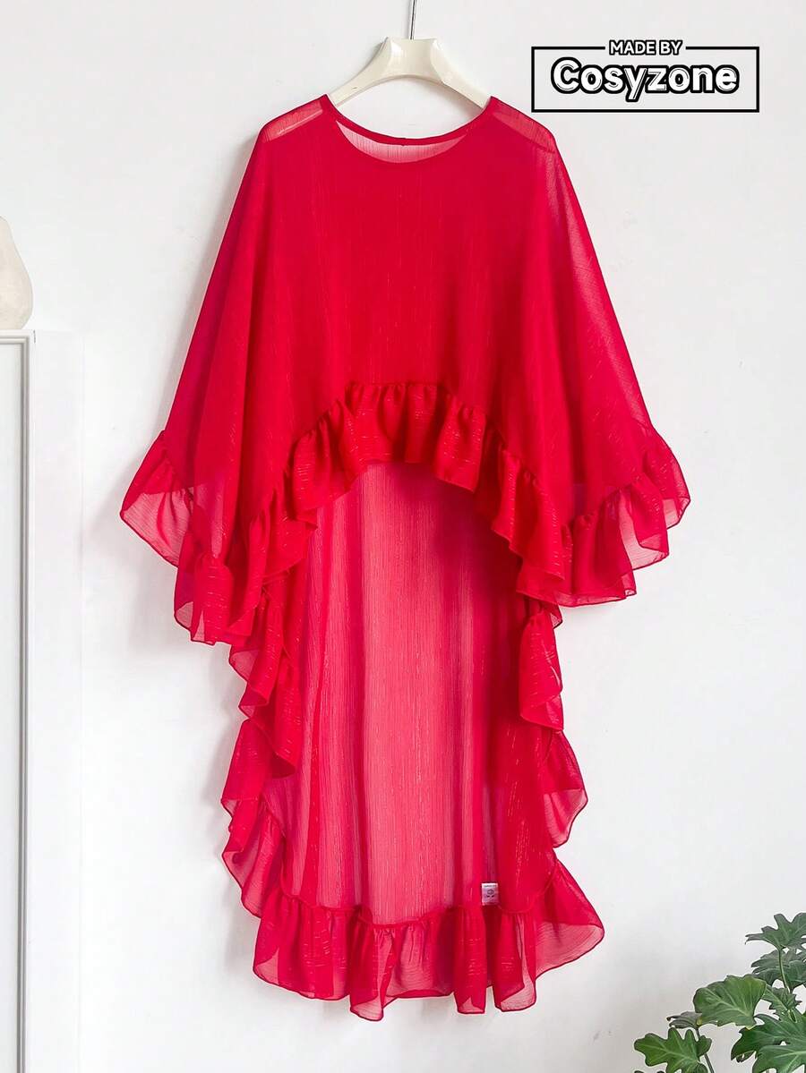 1pc Minimalist Solid Color Designed Silver Wire Round Neck Ruffled Shawl, Women's Summer Fashion Versatile Chiffon Asymmetrical Pullover Sunscreen Breathable Lightweight Shawl, Multifunctional For Travel And Sun Protection,Beach Towel,Holiday - Red - View 1