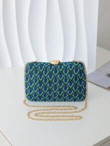 Peacock Pattern Woven Hard Case Evening Clutch, Luxury Niche Crossbody Chain Purse For Formal Occasions - Blue - View 3