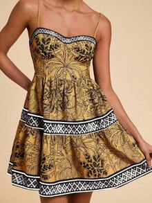 Vestido corto de verano con tirantes de espagueti y estampado de gasa para mujeres - Caqui - Ver 7