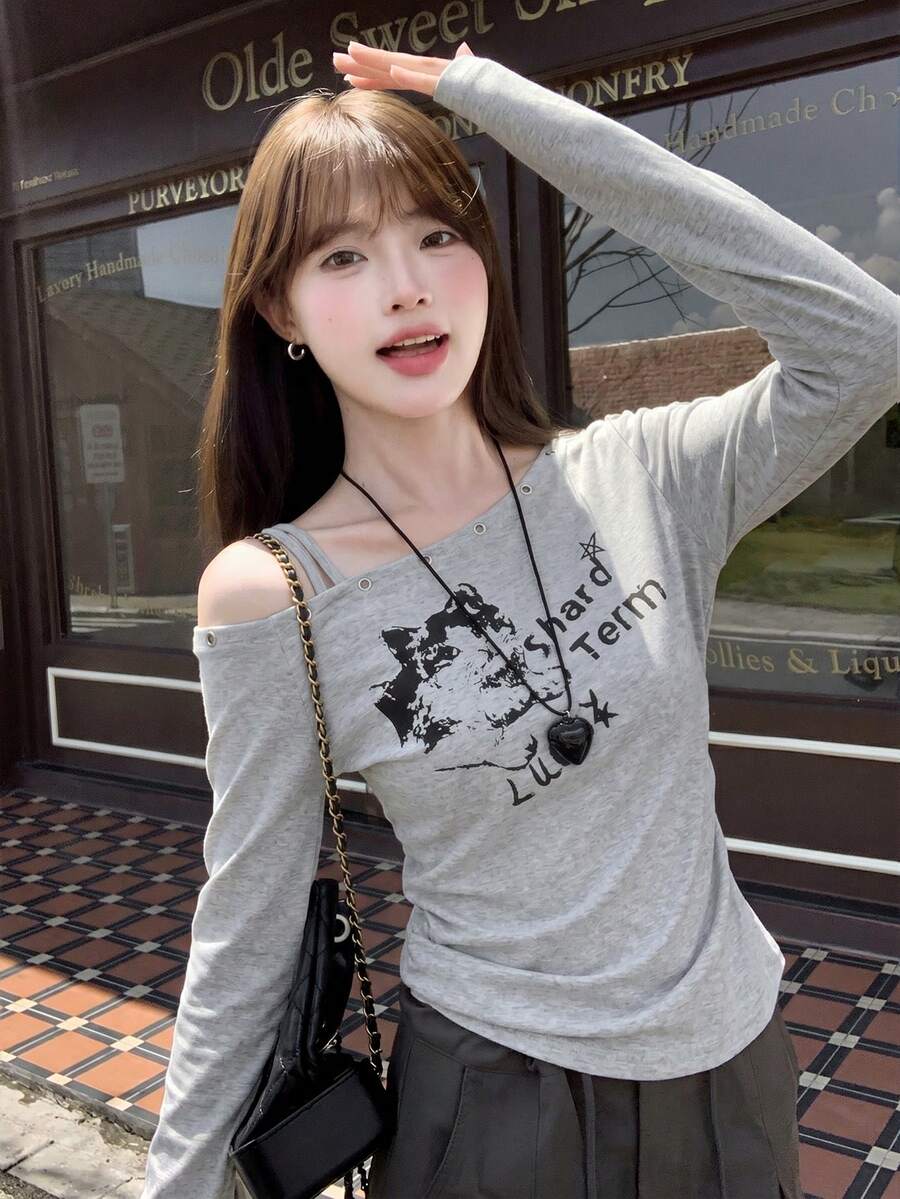 女士休闲露肩毛衣，字母花卉印花，甜美可爱长袖上衣，春夏款 - 灰色 - 查看 1