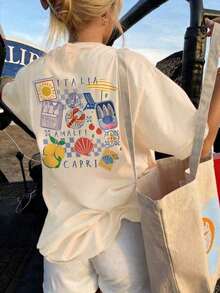 Camiseta Casual de Verano para Mujer, Nueva, con Estampado de Concha de Limón, Pez y Langosta, Holgada, Versátil, de Cuello Redondo, Color Beige, Manga Corta, a la Moda para Uso Diario. - Albaricoque - Ver 8