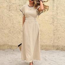 Frenchy Women's Color Block Trim Round Neck Cap Sleeve Ruffle Waist Midi Dress,Contrast Trim Design,Elegant Color-Blocked Elastic Waist Dress,French Short-Sleeved Cinched A-Line Long Dress, Lightweight And Flowing New Summer Style,Summer Holiday Outfits,Summer Dresses For Women,Vacation Outfits For Women, Boho Dress, Beach Vacation Outfits For Women ,Summer Dress,Spring Dresses For Women - Negro - Ver 5