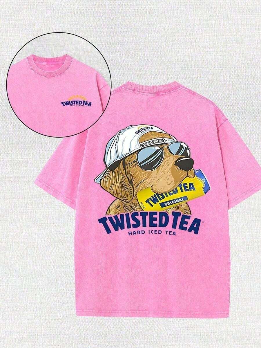 Vintage Washed Dog Graphic T‑Shirt, Retro Sunglasses Dog Print Crew Neck Short Sleeve Casual Fall Streetwear Oversized Tee For Women - 玫紅色 - 查看 1