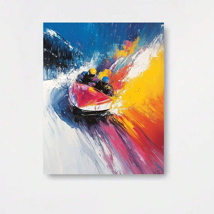 1pc Arte de Pared en Lienzo Enmarcado - Pintura Dinámica de Carrera de Trineo Bobsleigh en Azul, Rojo, Amarillo, - Decoración Deportiva Invernal para Sala de Estar, Oficina, Gimnasio - Disponible en 11.8x15.7" o 15.7x23.6" - Regalo Perfecto para Aficionados del Bobsledding, Diseño Abstracto, Obra de Color Vivosos, Plano 2D, Ideal para Decoración de Habitaciones - Enmarcado - Ver 1