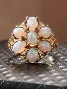 Nhẫn đính đá opal tổng hợp hình hoa thanh lịch, trang sức dành cho cô dâu, lễ đính hôn, đám cưới. - Vàng - Xem 8
