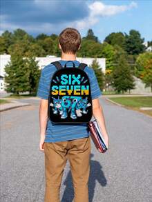 1pc SIX SEVEN Robot Themed Backpack, Fashion Mixed Color Design, Outdoor Backpack Made Of Durable Polyester Fabric, Lightweight And Easy To Clean, With Reinforced Handle, Smooth Zipper, Adjustable Buckle, And Elastic Side Pockets, Suitable For Teenagers, 15-Inch Casual School Style Backpack, Unisex Outdoor Commuting Daypack, Sports, Hiking, Travel, Back To School, Holiday Gift - Black - View 1