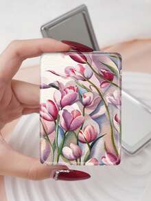 1pc Floral Countryside Vanity Folding Mirror, Compact Lightweight Portable PU Leather Hand Mirror, Suitable For All Occasions, Delicate Floral Rose Peony Tulip Blueberry Print Design, Foldable Rectangular Pocket Mirror - Multicolor - View 11