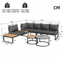 Garden Furniture Set (4-5 Seats), 2 Stackable Coffee Tables, Galvanized Iron Frame, Comfortable Garden Furniture, Grey Seat Cushions And Pillows Included, With Adjustable Legs - 灰色 - 查看 2