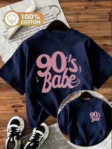 Autumn Cute 90's Babe Graphic Tee Women Fashion Casual Round Neck Drop Shoulder Short Sleeve Cotton T-Shirt Rib-Knit Details,Outdoor,Y2K,Streetwear - Navy Blue - View 1