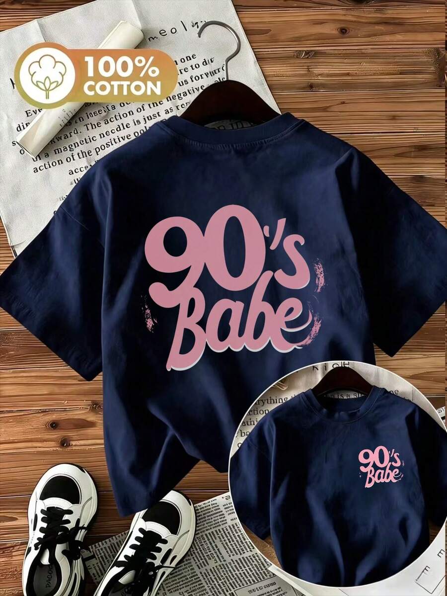 Autumn Cute 90's Babe Graphic Tee Women Fashion Casual Round Neck Drop Shoulder Short Sleeve Cotton T-Shirt Rib-Knit Details,Outdoor,Y2K,Streetwear - Navy Blue - View 1