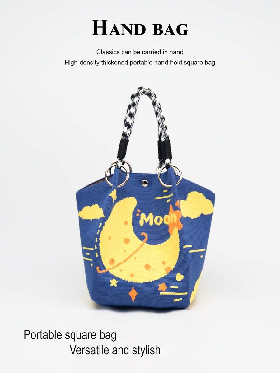 Geometric Pattern Multi-Color Knot Decor Large Capacity Bucket Bag, Handheld Tote, Elegant Multifunctional Travel Handbag - Yellow - View 1