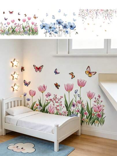1 cái/2 cái - Hình dán tường bướm và hoa tulip, tranh dán tường tự dính trang trí phòng khách, hình dán trang trí tường, giấy dán tường nghệ thuật tự dính, trang trí phòng trẻ sơ sinh, trang trí phòng trẻ em, phòng ngủ trẻ em, trang trí phòng bé gái và bé trai, trang trí phòng.