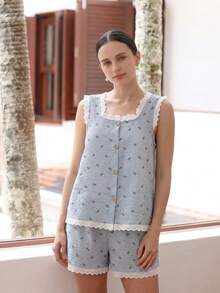 Bộ đồ 2 món mùa xuân/hè kiểu dáng rộng rãi, mở phía trước, in hình bướm, thích hợp mặc ở nhà và đi chơi, chất liệu dễ bảo quản. - Màu xanh lam - Xem 6