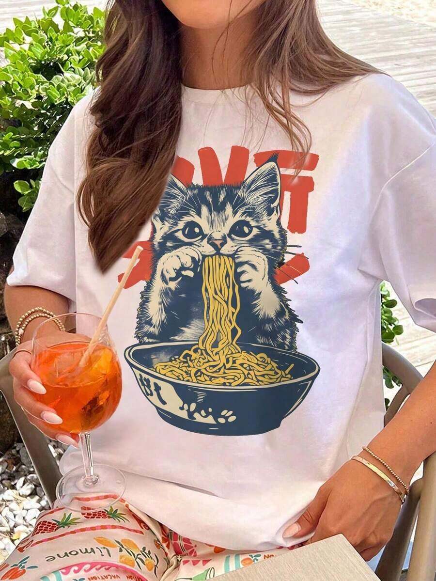 Casual And Comfortable Short-Sleeved T-Shirt For Everyday Wear, Retro Cat And Ramen Print T-Shirt, Cute Kitten T-Shirt, Vintage Poster Pattern T-Shirt, Thick Top, Fun Animal Gifts, Food Lover Clothing, Fun Pattern, Suitable For Casual Daily Wear, Parties, Travel, Back To School, Suitable As A Gift, Summer White - 白色 - 查看 1