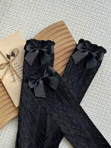 3 Pairs Black Bow Knee High Socks, Heart Pattern Thigh High Socks Without Heel, Versatile Style Suitable For All Ages - Black - View 6