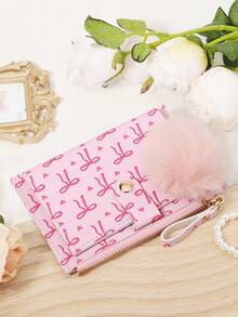 Bow Print Wallet With Fur Ball Keychain Zip 2-Fold Purse Multiple Card Slots Coin Cash Compartment Unisex Daily Use Travel Gifting Card Holder - Hot Pink - View 3