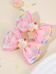 2pcs Pink Bow Hair Clips, Suitable For Girls. Cute Cupcake Decor, Rainbow Striped Print Hair Clips, Alligator Clips, Girls & Teens Hair Accessories, Suitable For Daily Life - Nhiều màu - Xem 3