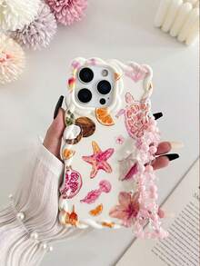 Coque de téléphone en TPU peinte anti-chute avec bordure tressée ondulée, motif minimaliste élégant d'étoile de mer et de tortue de mer, compatible avec iPhone XR/7/8, inclut un accessoire bracelet perlé, convient pour iPhone 15 Pro Max, 13, 14, 11, P12, X, 12/14, coque souple anti-chute en TPU peinte - Multicolore - Voir 2