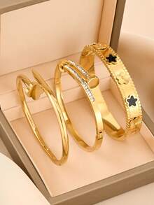 3pcs/Set INS Style Silver Nail & Zirconia Bangle, Titanium Steel Non-Fading Jewelry For Daily Stacking - Gold - View 1