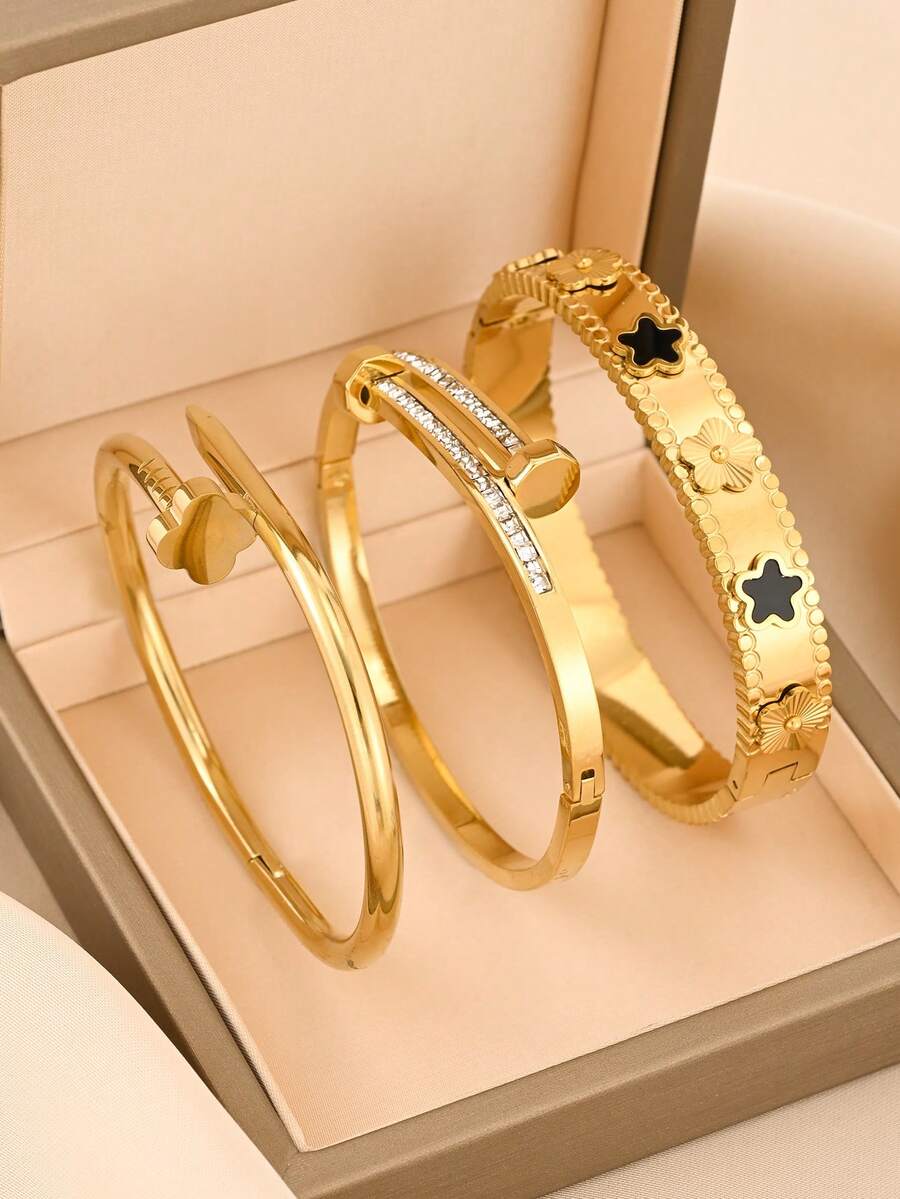 3pcs/Set INS Style Silver Nail & Zirconia Bangle, Titanium Steel Non-Fading Jewelry For Daily Stacking - Gold - View 1