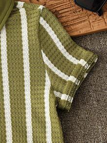 2pcs Young Boy Knit Striped Jacquard Short Sleeve Shirt And Shorts Set, Suitable For Summer Casual, Holiday, Outdoor Daily Wear - Green - View 4