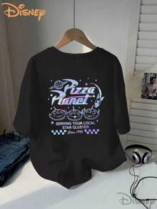 Toy Story - Women's Double-Sided Printed T-Shirt, Loose Round Neck, Rainbow Gradient "Pizza Planet" Letter Print, Casual And Cute, Machine Washable Fabric, Slightly Stretchy, Disney - 黑色 - 查看 2