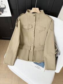 Áo khoác nữ GMFP kiểu dáng thanh lịch, rộng rãi, có túi nắp, thích hợp cho đi làm hàng ngày vào mùa xuân/hè. - Màu Khaki - Xem 6