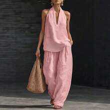 2026 Womens Pink Linen-Blend 2-Piece Set Halter V-Neck Top & Wide Leg Pants Casual Vacation Co-Ord - màu xanh hải quân - Xem 2