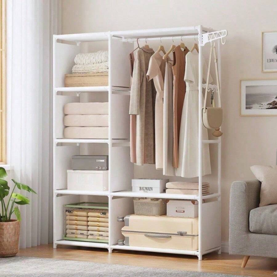 Estantería de acero reforzado de marco abierto, modular y fácil de ensamblar, organizador de almacenamiento de ropa de gran capacidad y de varias capas, adecuado para alquiler, dormitorio, habitación, resistente para ropa, ropa de cama, bolsas y varios - Negro - Ver 1