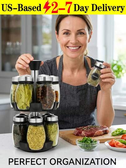 [Delivery Within 2-7 Days In The United States] Premium 360° Rotating Spice Rack Organizer Space Saving With 12 Empty Glass Jars Stainless Steel 2-Tier Seasoning Carousel Stand For Home Cooks And Families Compact  Herb Condiment Holder Set For Kitchen Countertop Cabinet Pantry Cooking Prep Seasoning Storage Container Kitchen Organization And Storage Spice Racks