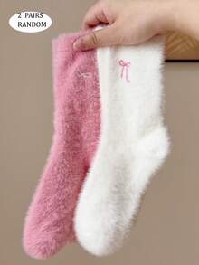 2/4 Pairs Women Bow & Heart Pattern Cute Minimalist Cashmere Blend Mid-Calf Socks, Thick Soft Fluffy Warm Comfortable, Random Colors - Multicolor - View 3