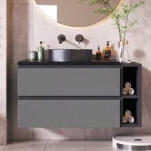Wall-Hung Bathroom Cabinet, 80 Cm Wide, With Ceramic Sink, With Drawers, Modern Design, In Black And Grey. - Grey - View 2