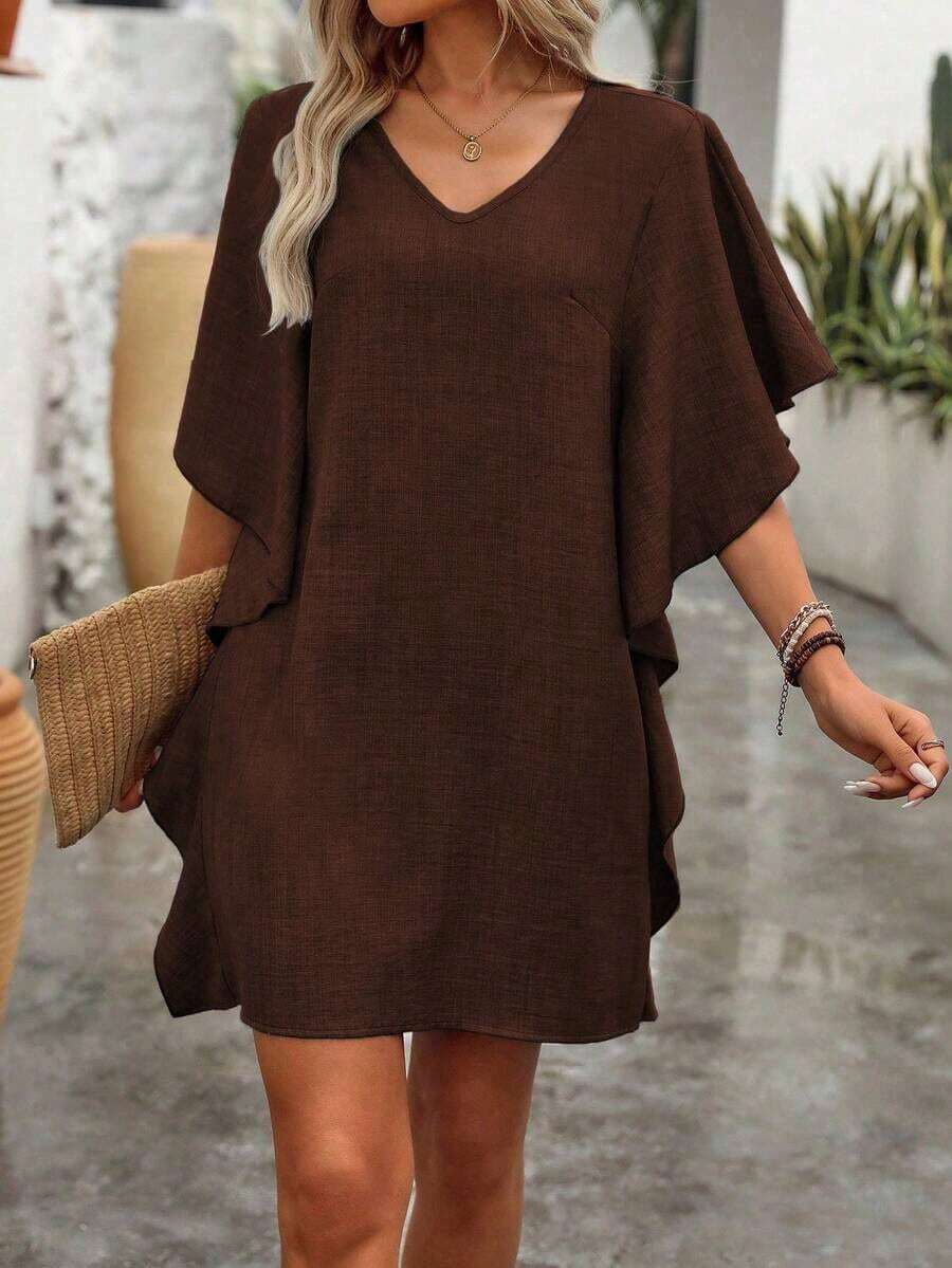 Vestido corto elegante y de moda de unicolor con escote en V para mujer - Óxido marrón - Ver 1
