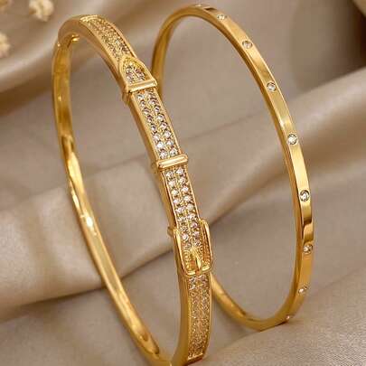 1Pc 18K Gold-Plated Stainless Steel, Diamond Inlaid Belt-Style Gold Bangle, Girl's Bangle, Stainless Steel Jewelry, Gold-Plated Jewelry, Suitable For Daily Wear, Beach, Summer Jewelry, Mother's Day Gifts, Easter, Birthday Gifts, Boho Jewelry