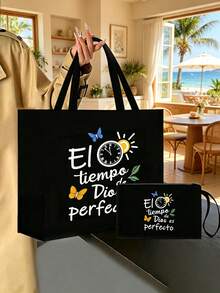 黑色亚麻两件套手提包，配手提绳 | “El-Tiempo”字母印花帆布单肩包 | 大容量购物袋，纽扣封口 | 母亲节、父亲节、教师节、毕业季、伴娘婚礼礼物 | 春季花园派对、海滩度假 - 彩色 - 查看 7