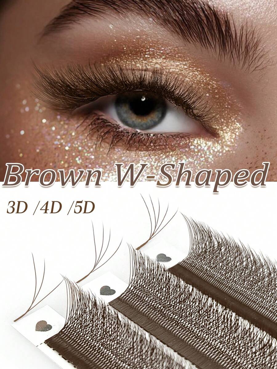 CoMango 12排D型卷曲棕色W形3D/4D/5D单根彩色假睫毛，自然柔软真貂毛预卷扇形