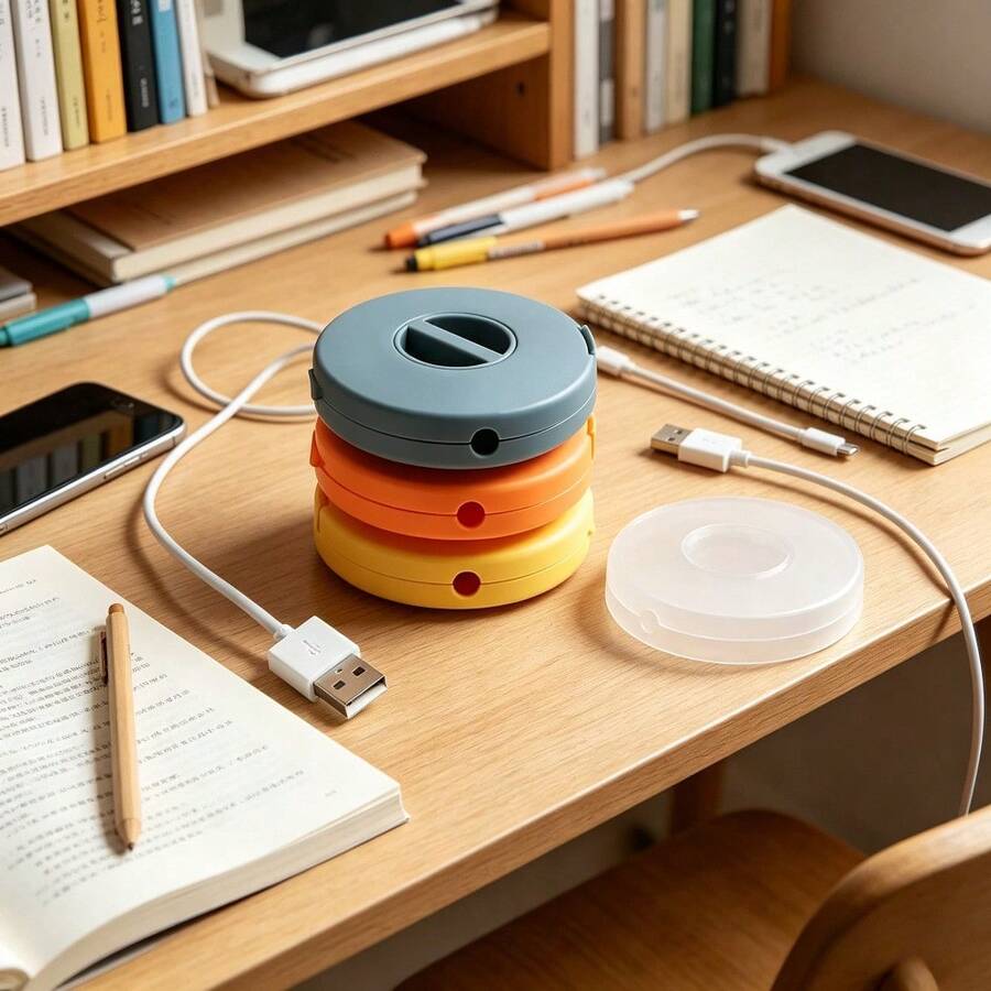 1个便携式线缆管理盒 - 旋转式线缆整理器，适用于手机、鼠标、耳机 - 保持线缆整齐有序，防止缠绕，方便取用，桌面收纳整理器