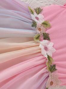 Vestido de verano para niñas con mangas cortas, falda de tul degradado de colores y ribete bordado, adecuado para uso diario, escuela, vacaciones y fiestas de cumpleaños, atuendo para el Día del Niño - Rosa - Ver 5