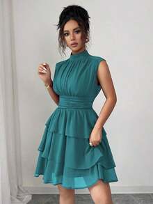 Vestido corto italiano de mujer de gasa con cuello pequeño, cintura recogida, volantes en el bajo y sin mangas, para uso casual, viajes, tardes de té, en colores lisos, para primavera/verano - Agua verde azul - Ver 5
