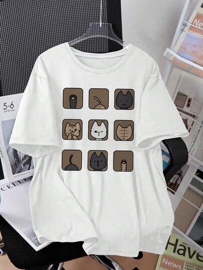 Plus Size Women's Japanese Cartoon Cat Grid Print Short Sleeve T-Shirt, Casual Cute Round Neck Top, Spring/Summer Outfit, Suitable For Daily Wear, Campus Style, Student Daily Essential White